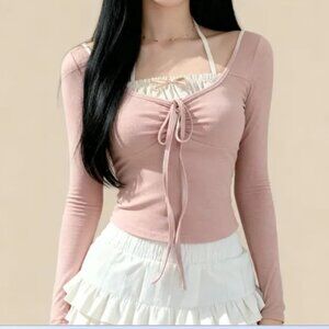 NEW pink long sleeve top Halter Bow Frill Bow Top Frill Top (runs small)